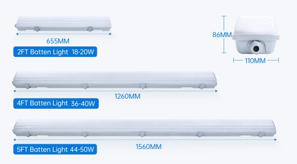 This image shows the dimensions of three sizes of COMLED P series LED batten light fixtures. 2FT, 4FT and 5FT LED batten light fixtures have lengths of 650mm, 1260mm, and 1560mm, respectively, and corresponding wattages of 18-20W, 36-40W, and 44-50W, respectively, with widths of 110mm and heights of 86mm. these fixtures also support daisy chain connection.