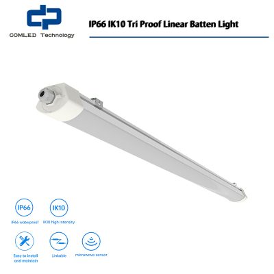 IP66 IK10 Tri Proof Linear Batten Light, LED Linear Low Bay Light 2ft, Non Corrosive Waterproof Batten Fittings