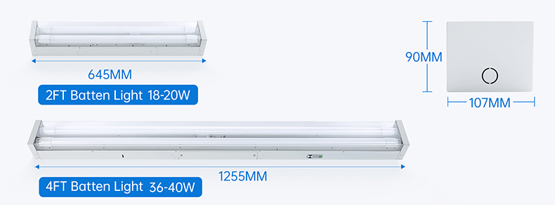 This image presents the appearance and dimensions of the COMLED T8 Tube LED Batten luminaires in three standard models: 2FT,and 4FT. This image presents the appearance and dimensions of the COMLED T8 Tube integrated LED Batten luminaires in three standard models: 2FT,and 4FT.