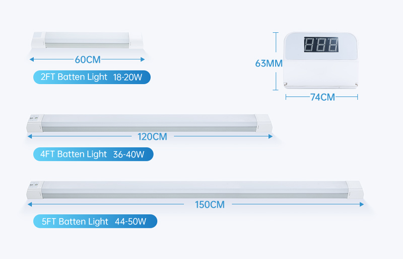 LED Linear Light Size (M-Series) This image presents the appearance and dimensions of the COMLED M-Series luminaires in three standard models: 2FT, 4FT, and 5FT.