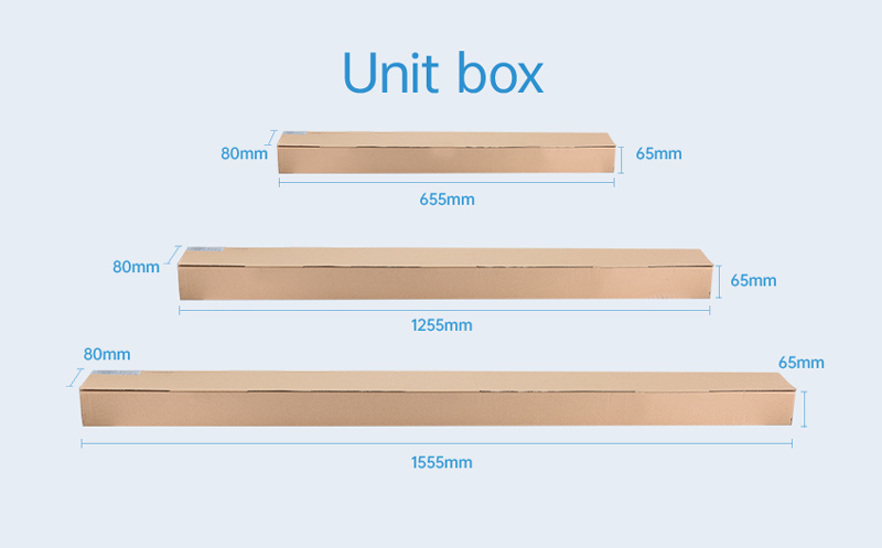 LED Linear Light unit-box(M-Series) This image introduces the unit-box packaging dimensions of various standard models of COMLED M-Series batten lights.