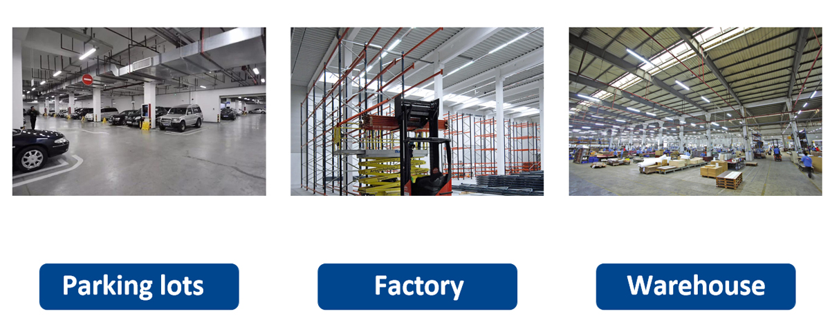 LED Weatherproof Batten Light Fixtures application This LED vapor tight batten light fixture is widely used in commercial spaces, fire stairs, warehouses, factories, underpasses, parking lots, and other scenarios to provide a bright and stable lighting environment.